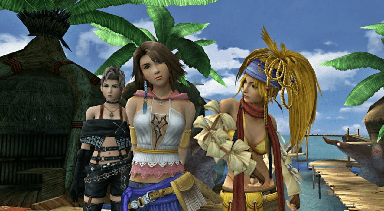 Yuna, Rikku, and Paine from Final Fantasy X-2 walking around Kilika Island.