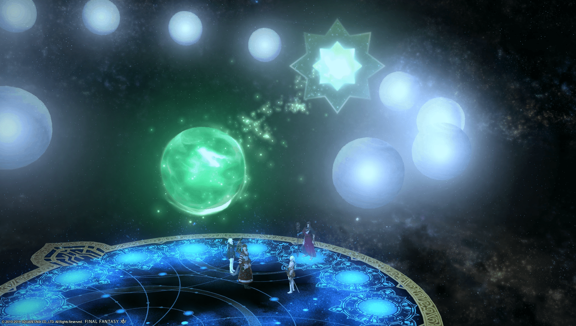 The Crystal Exarch showing a hologram of the fragments of the source world in Final Fantasy XIV.