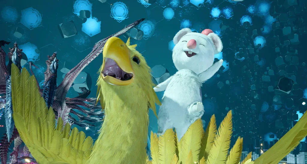 The Chocobo and Mog summon from Final Fantasy VII Rebirth, featuring a Moogle on a Chocobo's back.