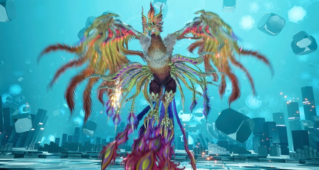 Phoenix, a mythical bird with multicolored feathers in Final Fantasy VII Rebirth.