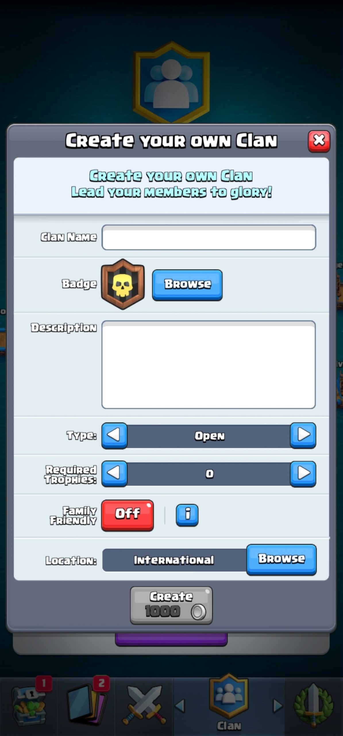 The clan creation screen in the mobile game Clash Royale.