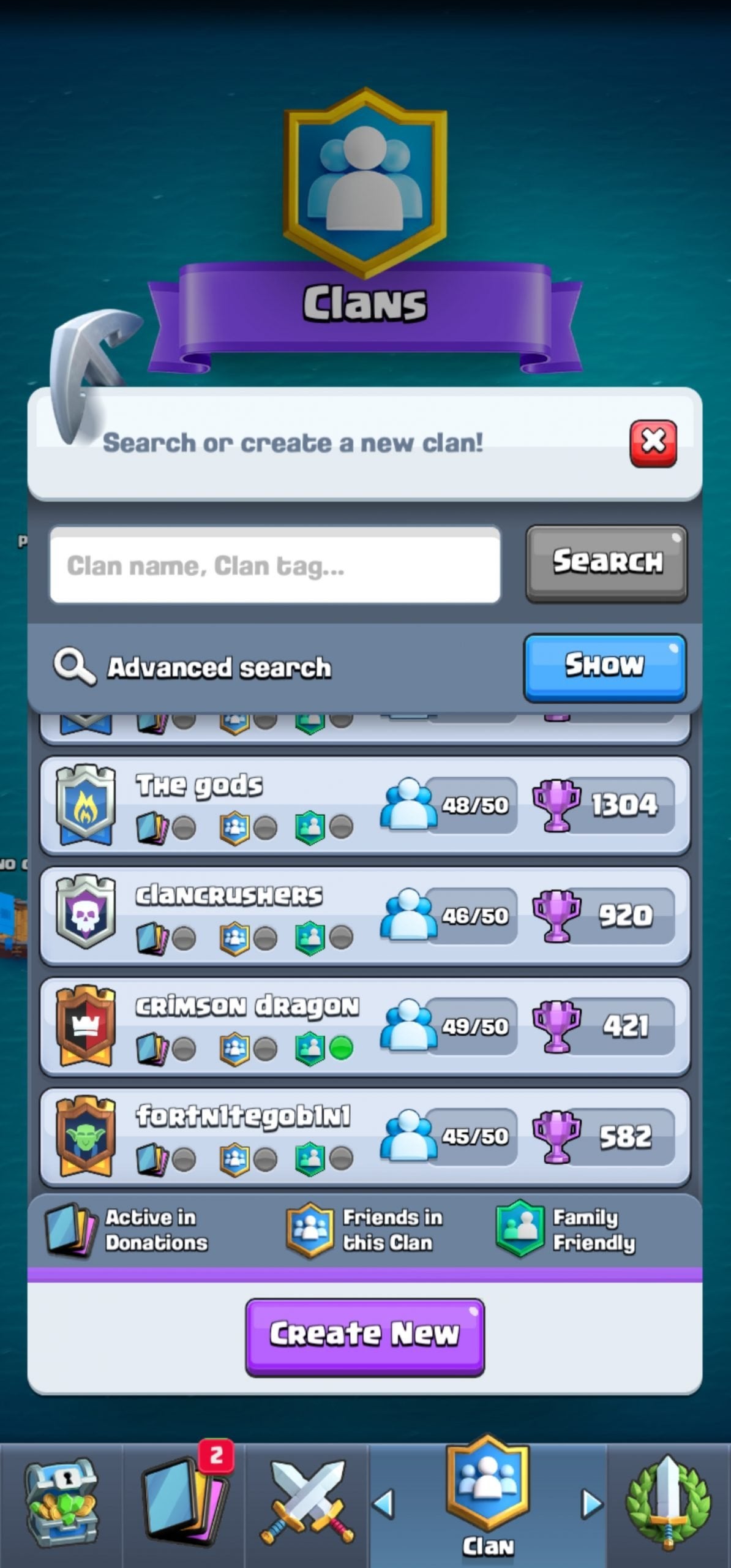 The Clans screen in Clash Royale listing possible clans to join and the option to create your own.