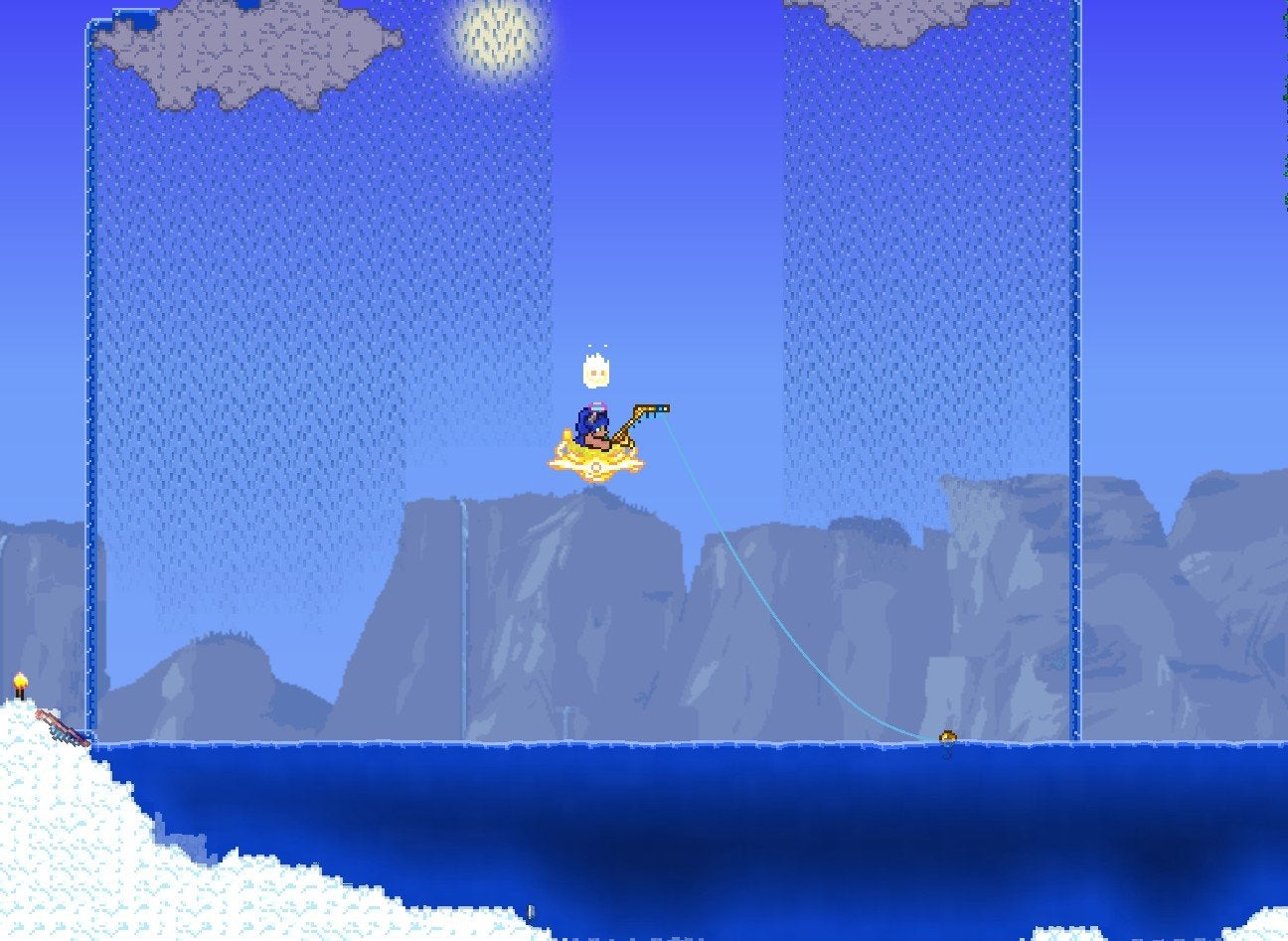 A player fishing for an Azure Crate in Terraria while on a Floating Lake. 