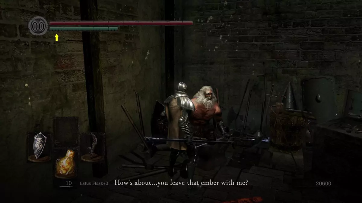 Andre of Astora asking for an ember from the Chosen Undead.