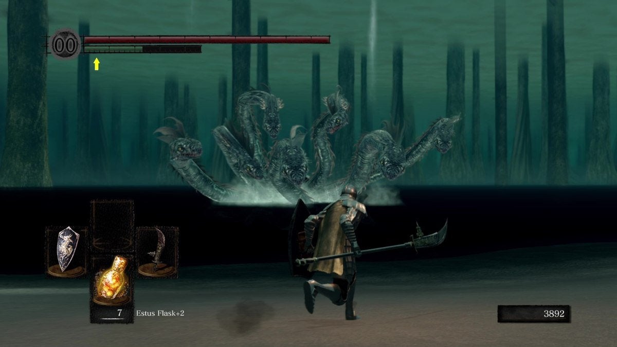 The Chosen Undead running towards the Black Hydra in Ash Lake in Dark Souls.