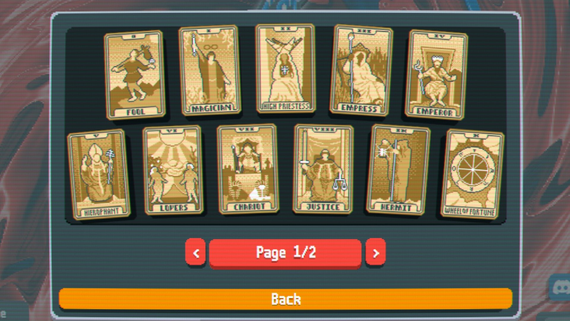 The Collection menu in Balatro showing half of all Tarot Cards in-game.
