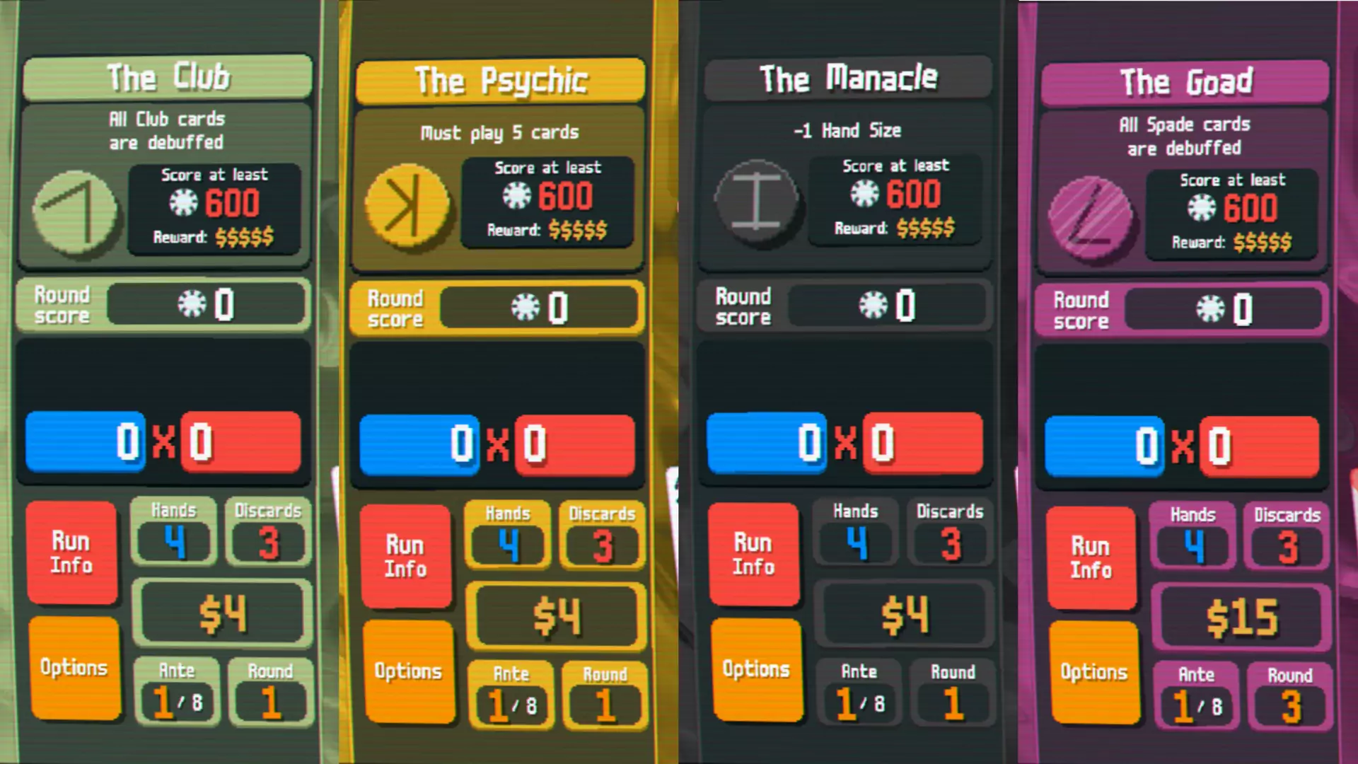 Four Boss Blinds in Balatro from left to right: The Club, the Psychic, the Manacle, and The Goad.
