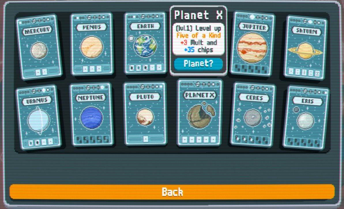 The Planet X Planet Card in Balatro, which upgrades the Five of a Kind Poker Hand type.