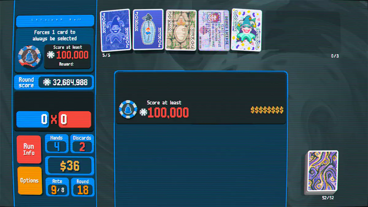 A player defeating the Cerulean Bell Finisher Boss Blind in Balatro.