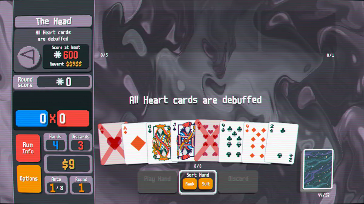 The player facing the Head Boss Blind in Balatro.