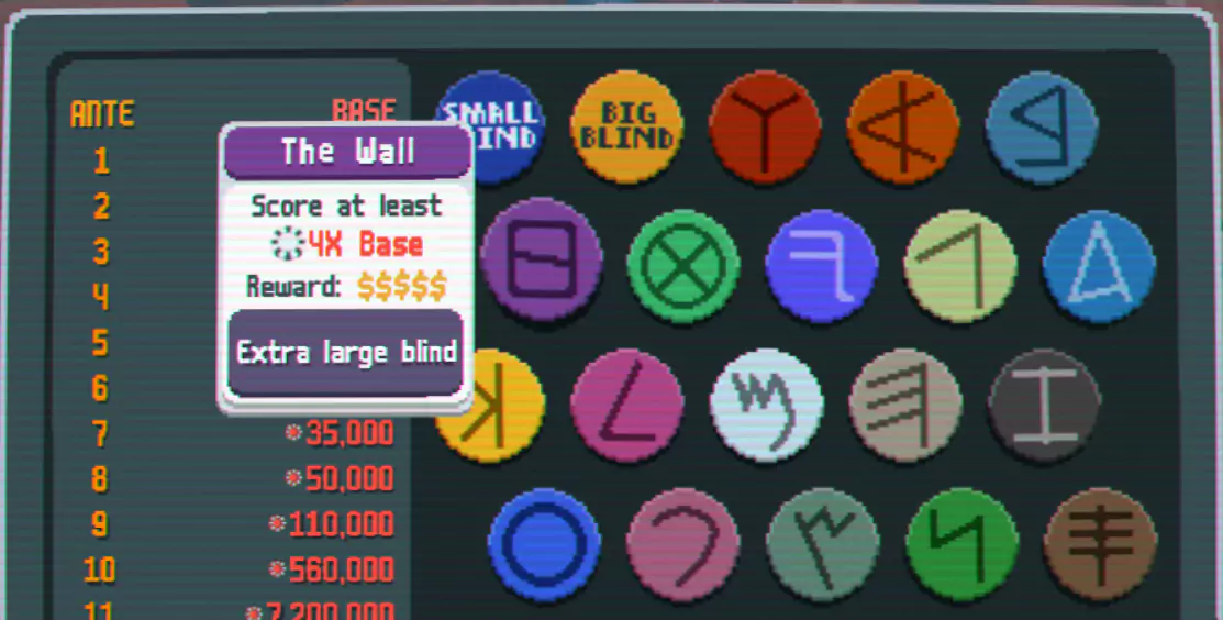 The Wall Boss Blind in Balatro, which looks like a rectangle in a purple circle.
