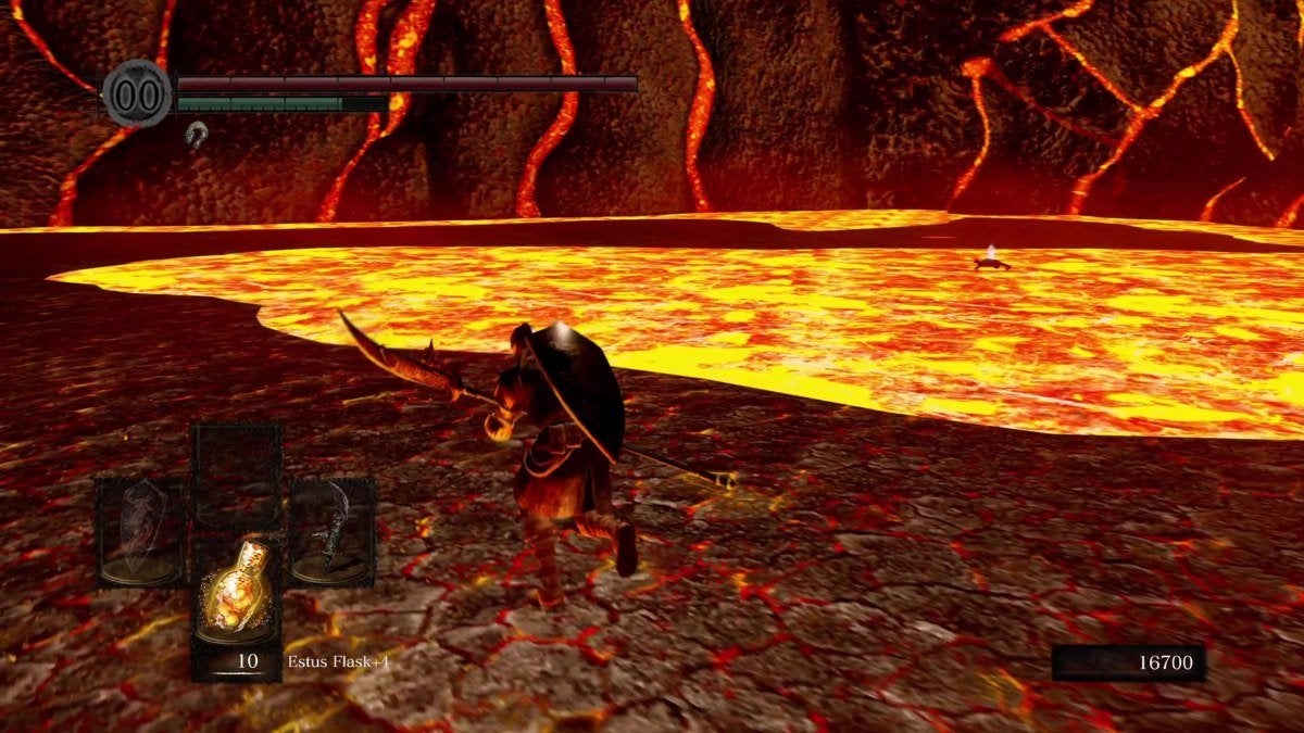 The Chosen Undead standing before a lava pool in the Demon Ruins.