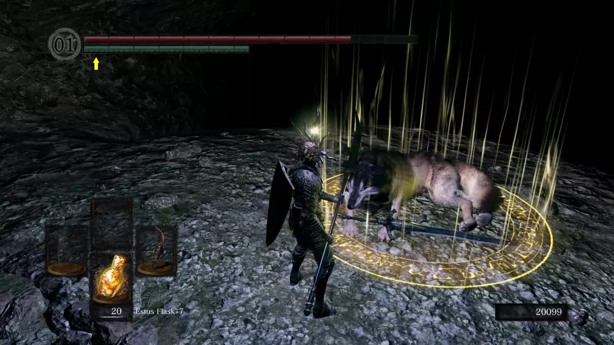 The Chosen Undead standing before Sif in the Chasm of the Abyss.