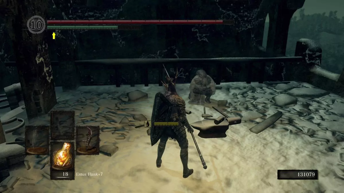 The Chosen Undead standing before a stone blacksmith.