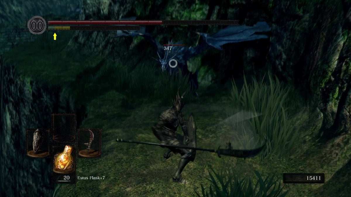 The Chosen Undead fighting a Blue Drake to get Dragon Scales in Dark Souls.