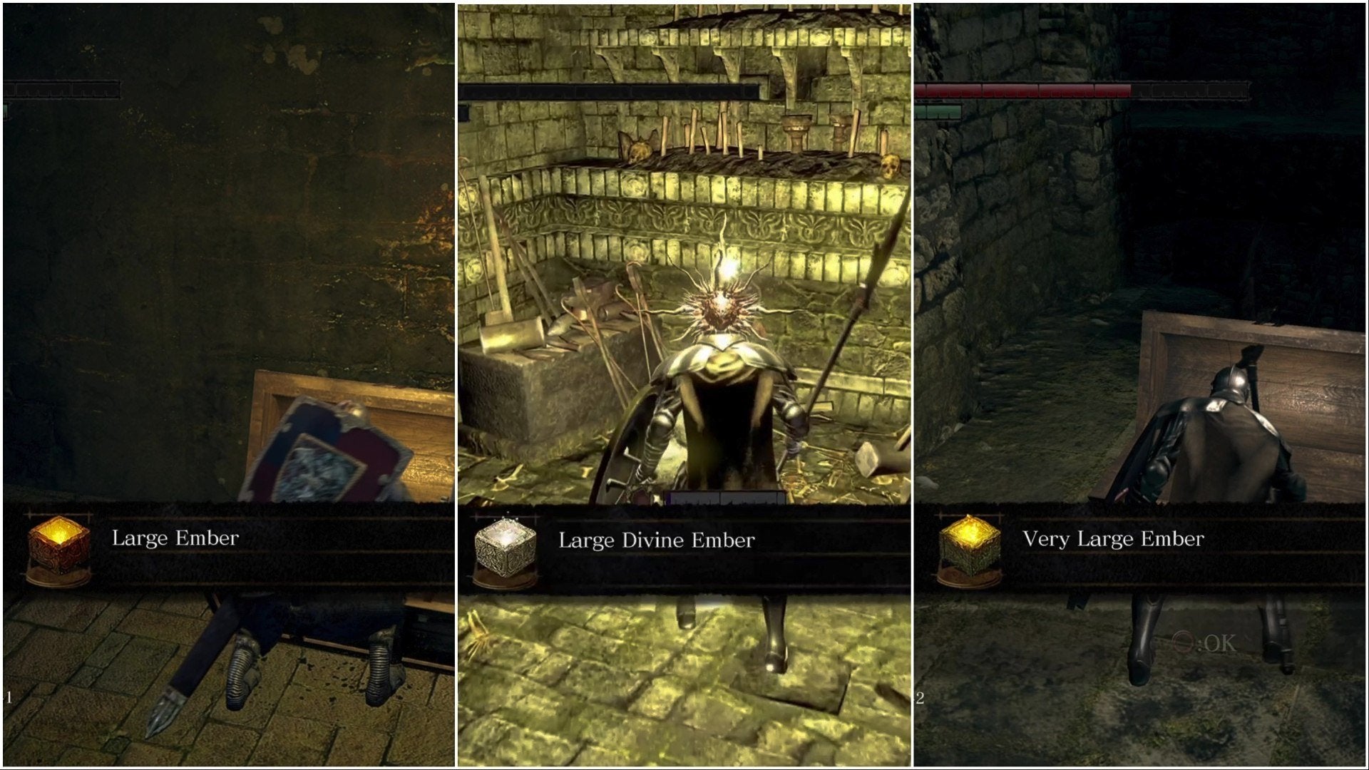The player picking up Embers from multiple chests in Dark Souls.