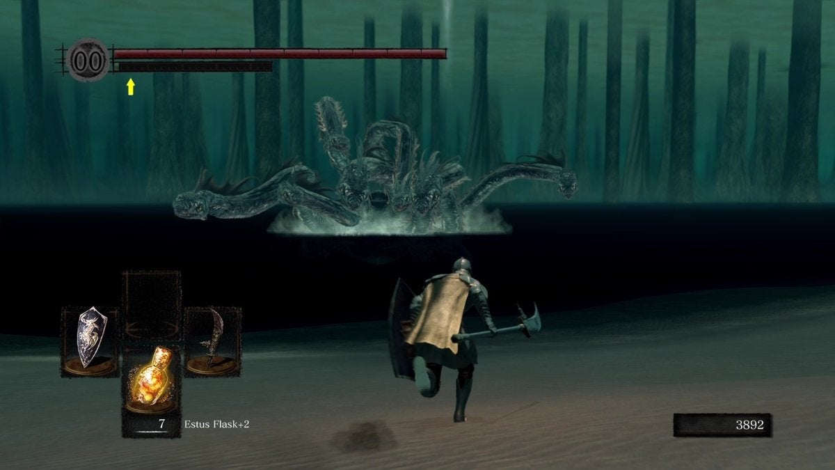 The Chosen Undead in Dark Souls running towards a Hydra to slay it and get the rewards it drops, such as Dragon Scales.