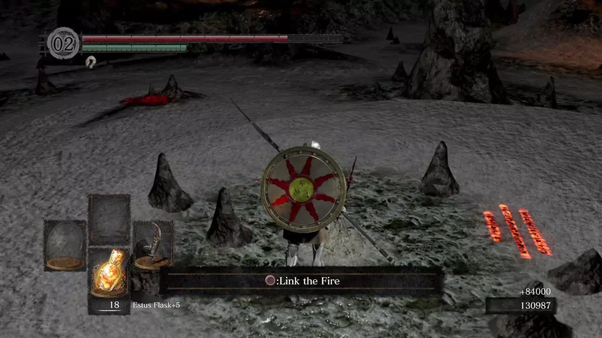 The Chosen Undead about to light the last bonfire in the Kiln of the First Flame to get the "Link the Fire" ending in Dark Souls.