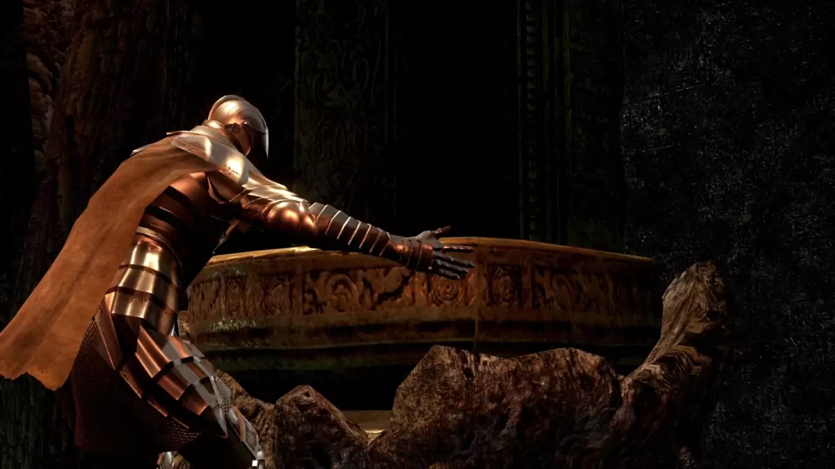 The Chosen Undead placing the Lordvessel—a massive stone basin—into the Firelink Altar.