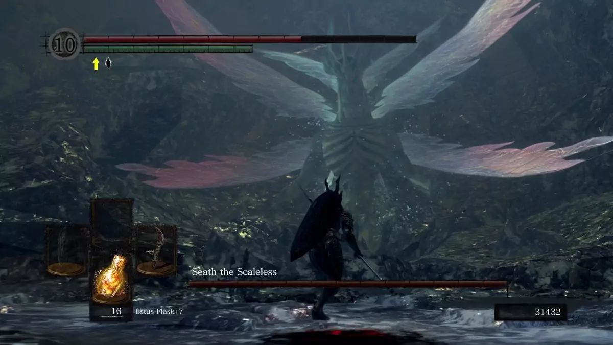 The Chosen Undead facing Seath the Scaleless.