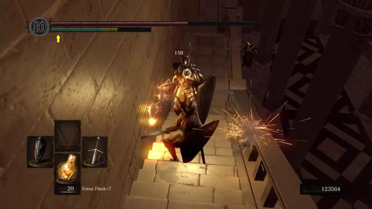 The Chosen Undead fighting a Silver Knight with an Occult weapon.