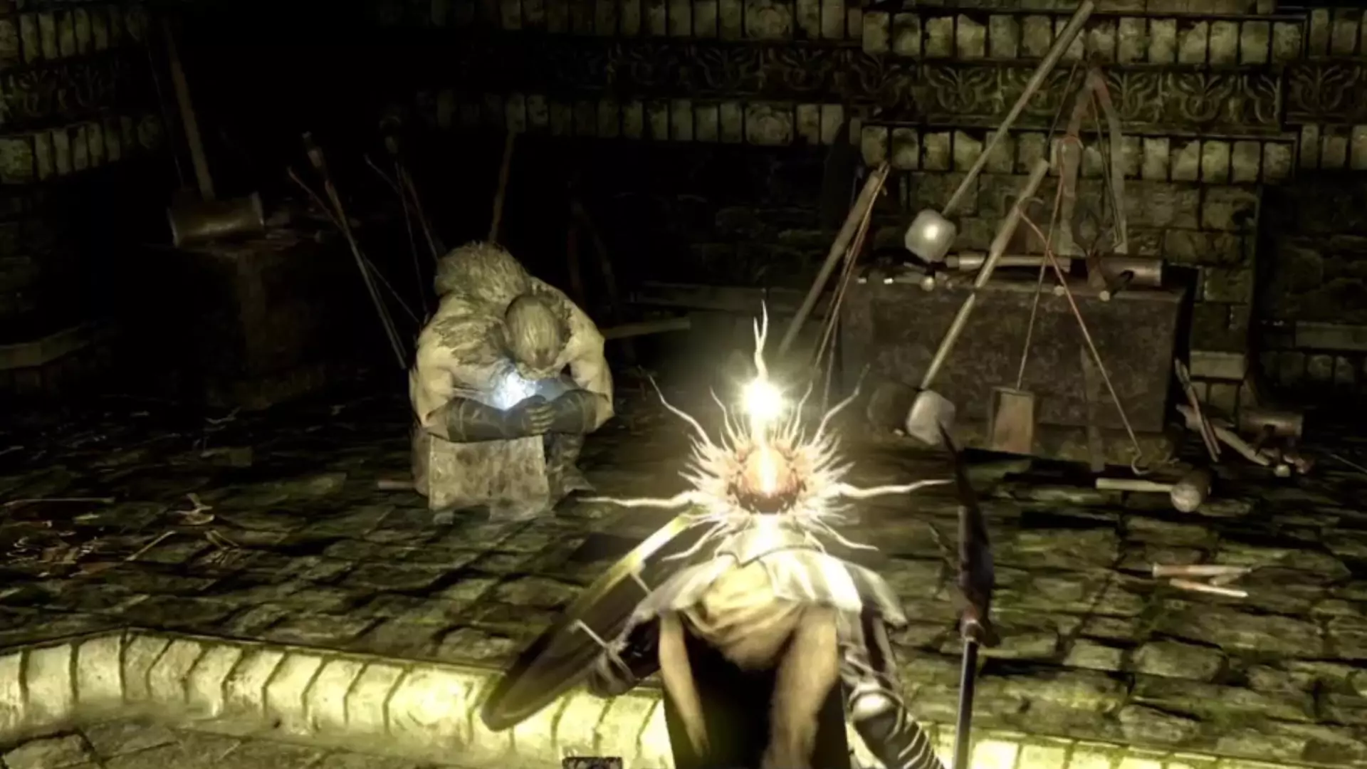 The Chosen Undead facing a stone blacksmith.