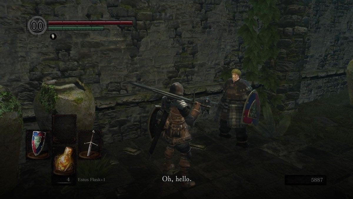 The Chosen Undead speaking with Petrus in Dark Souls.