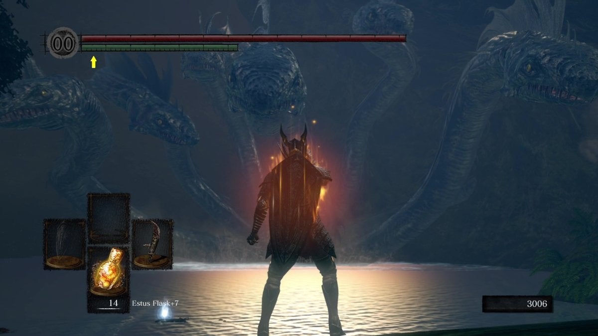 The Chosen Undead facing the Hydra in the Darkroot Basin to begin the quest to access the Artorias of the Abyss DLC in Dark Souls.