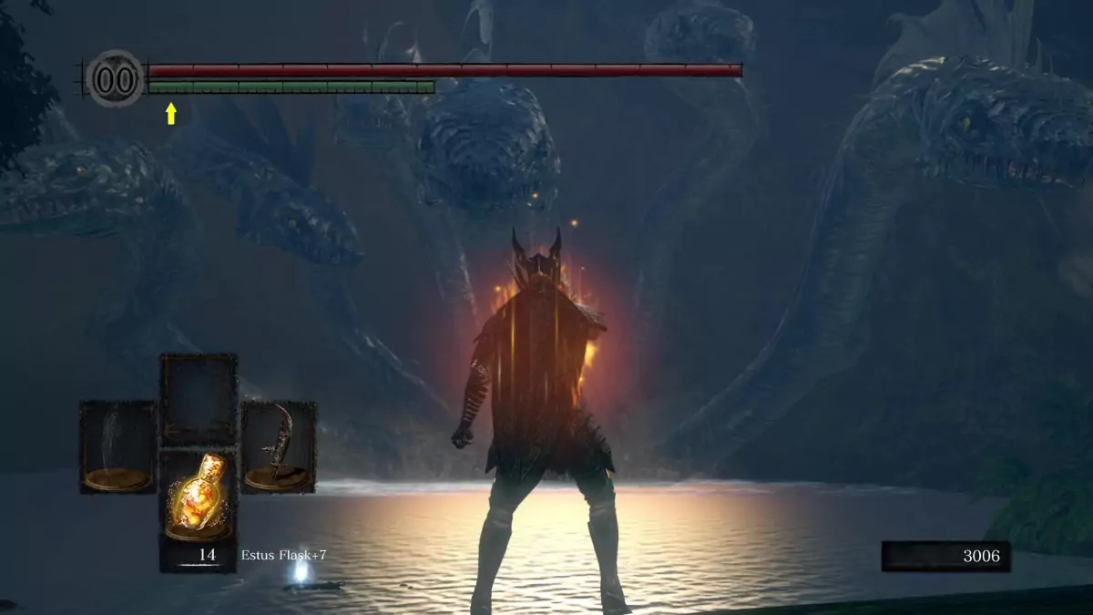 The Chosen Undead facing the Hydra in the Darkroot Basin to begin the quest to access the Artorias of the Abyss DLC in Dark Souls.