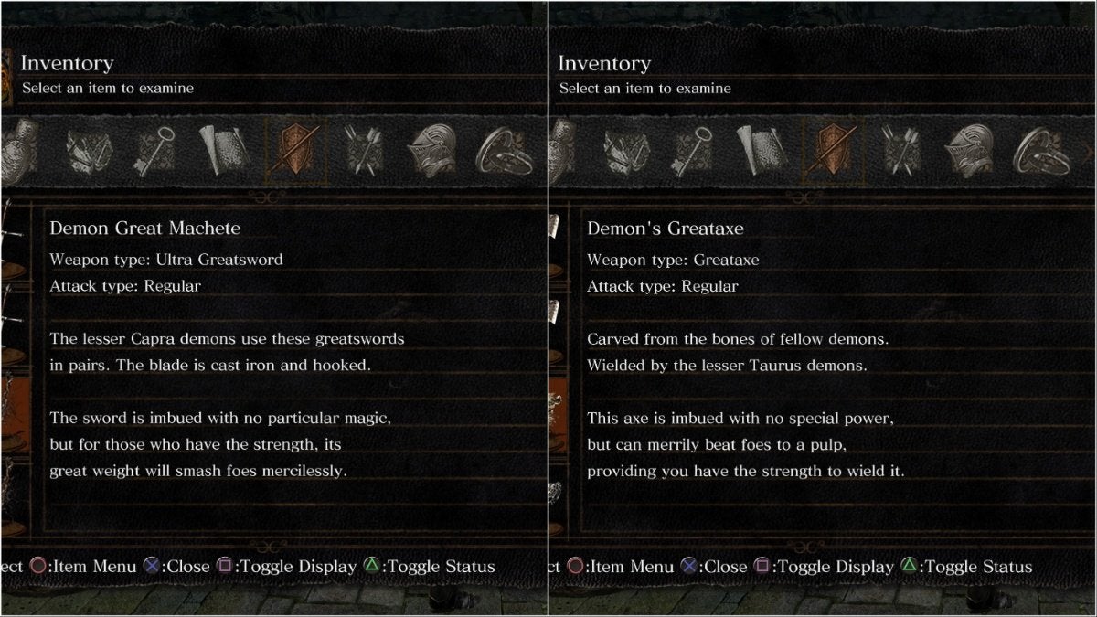 The weapon descriptions of the Demon Great Machete and the Demon's Greataxe from Dark Souls.
