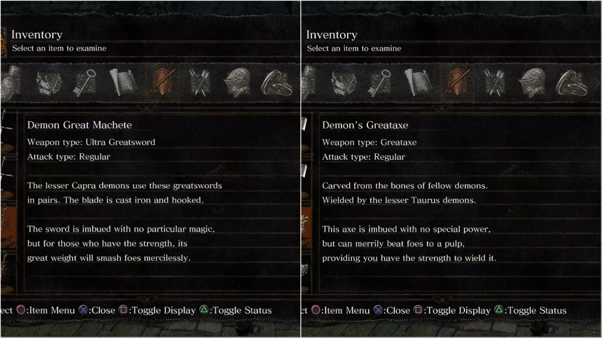 The weapon descriptions of the Demon Great Machete and the Demon's Greataxe from Dark Souls.