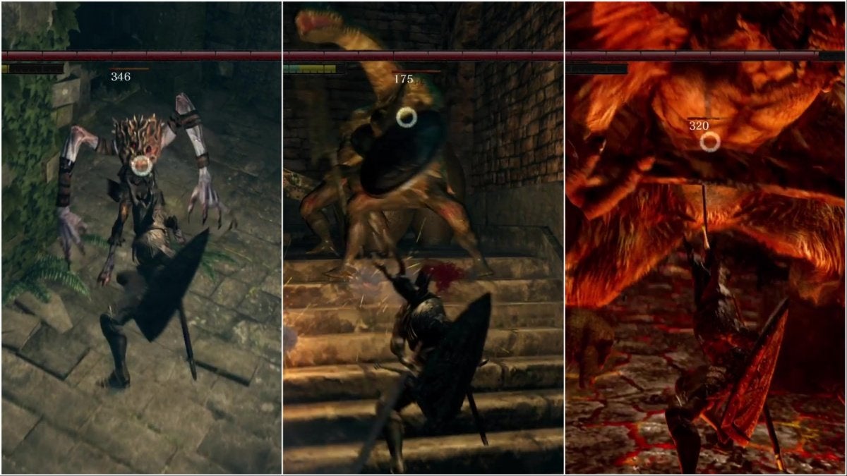The Chosen Undead fighting a Man-Serpent, Taurus Demon, and Oolacile Bloathead.