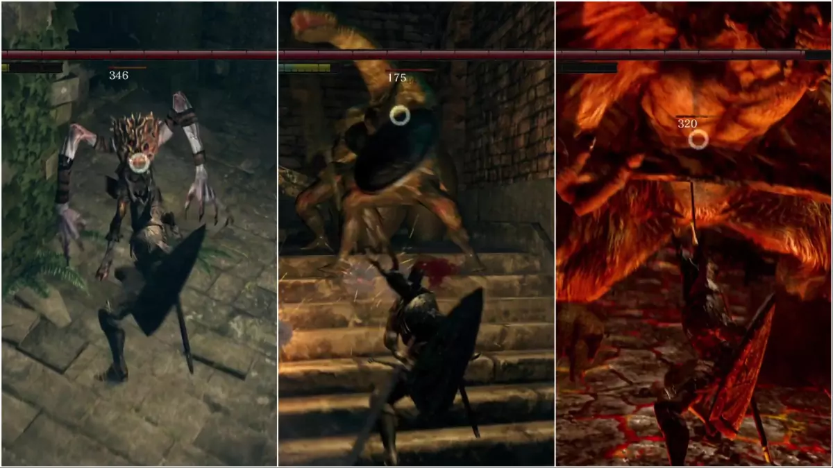 The Chosen Undead fighting a Man-Serpent, Taurus Demon, and Oolacile Bloathead.