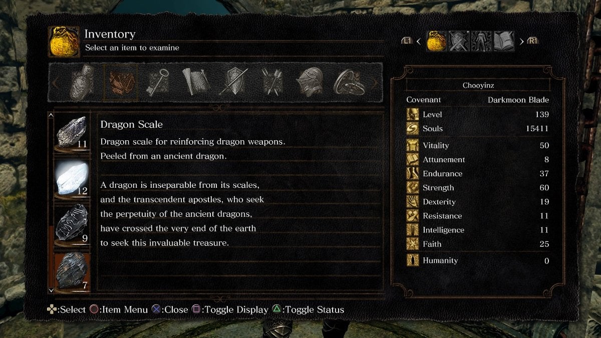 The description of a Dragon Scale in Dark Souls.
