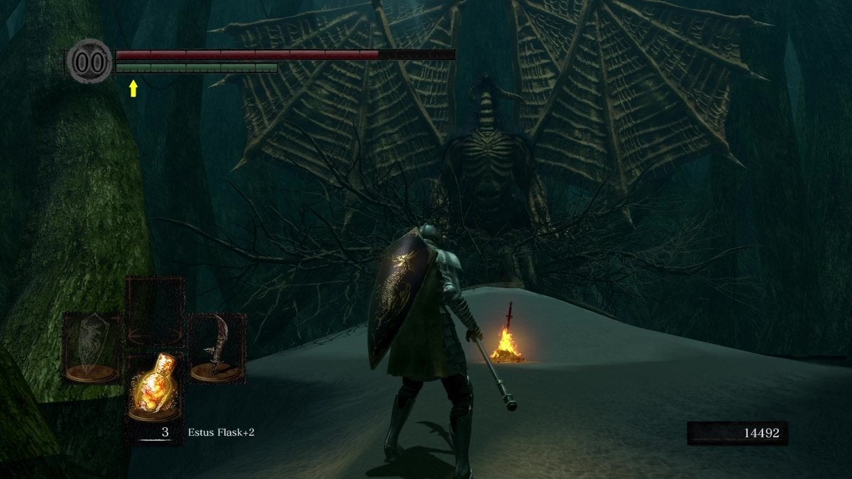The Chosen Undead facing the Everlasting Dragon in Ash Lake in Dark Souls.