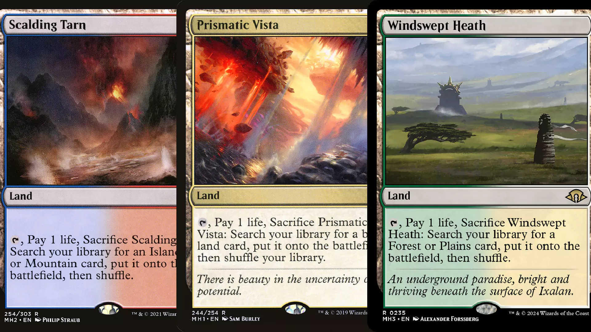 Three Land cards in MTG that let players search for other Lands in their library.