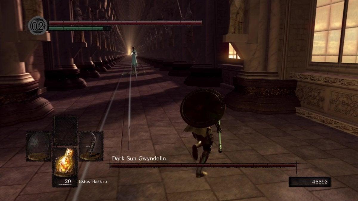Gwyndolin firing arrows at the Chosen Undead in Dark Souls.