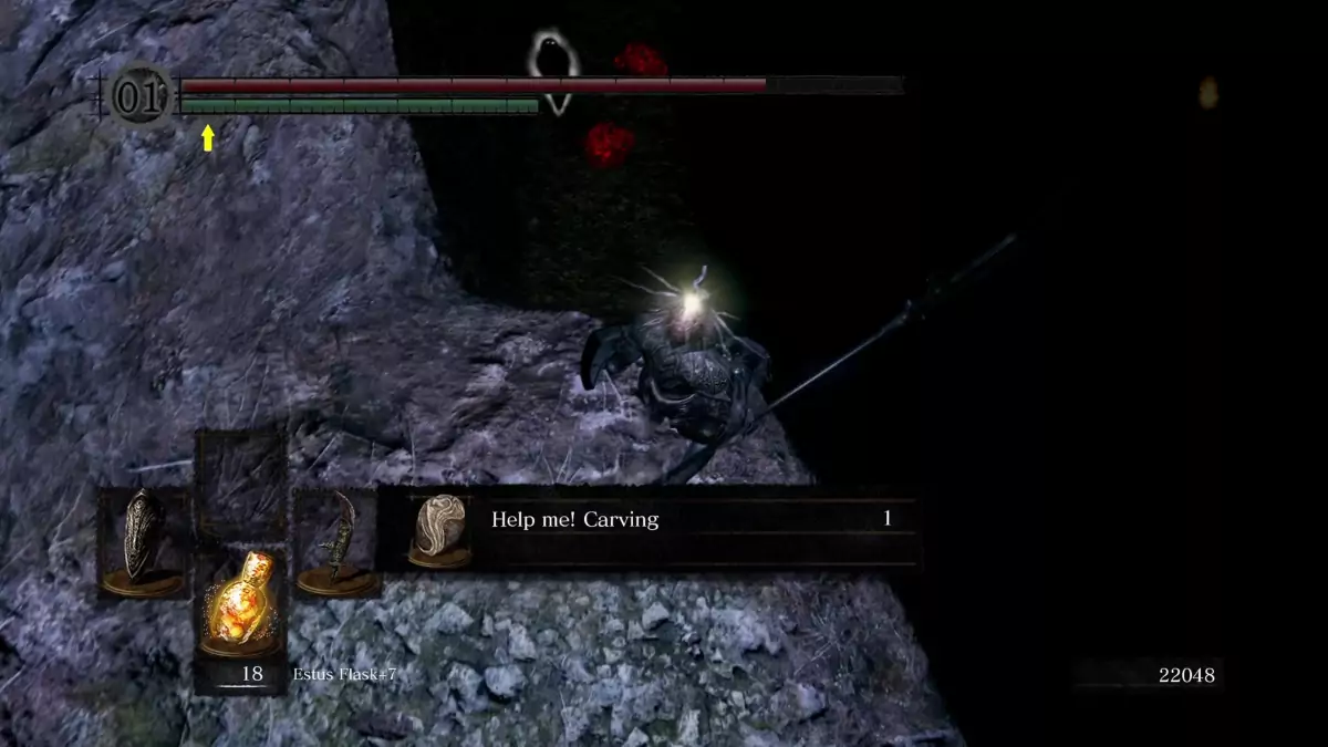 The Chosen Undead picking up the "Help Me!" Carving.