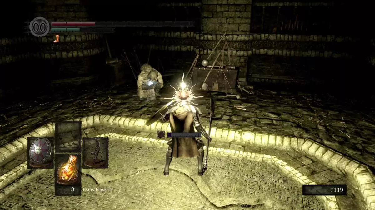 The Chosen Undead standing before a stone blacksmith.