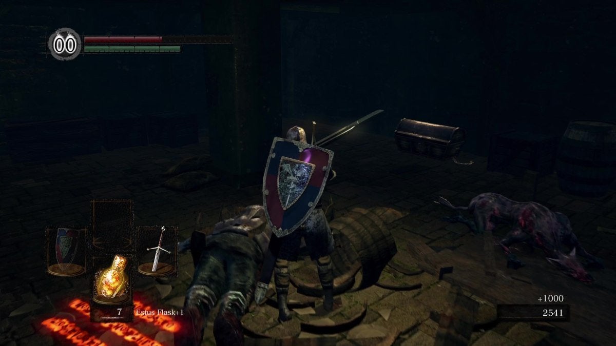 The Chosen Undead facing the chest that holds the Large Ember in Dark Souls.