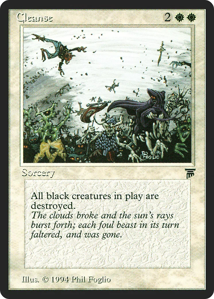 A white MTG card that destroys all black creatures.