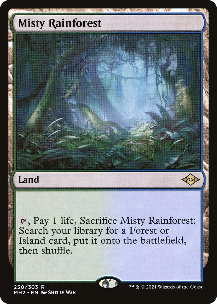 A green and blue Fetch Land depicting a dense rainforest in its artwork.