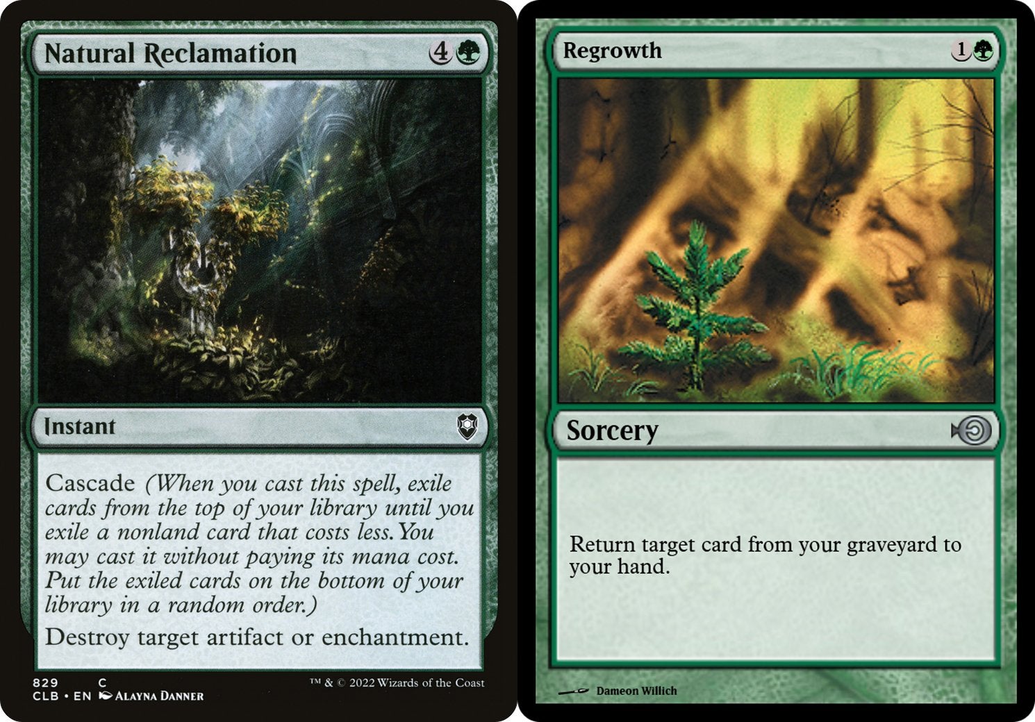 A green Instant with Cascade and a green Sorcery that returns a card from the graveyard to your hand.