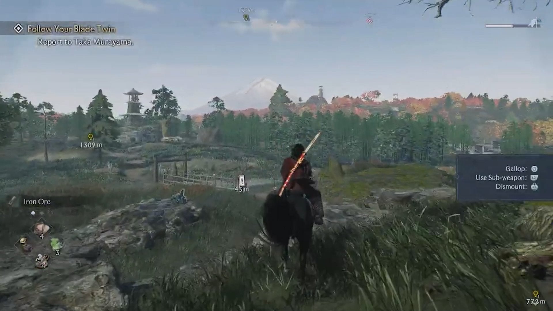 A player riding their horse through the countryside in Rise of the Ronin.