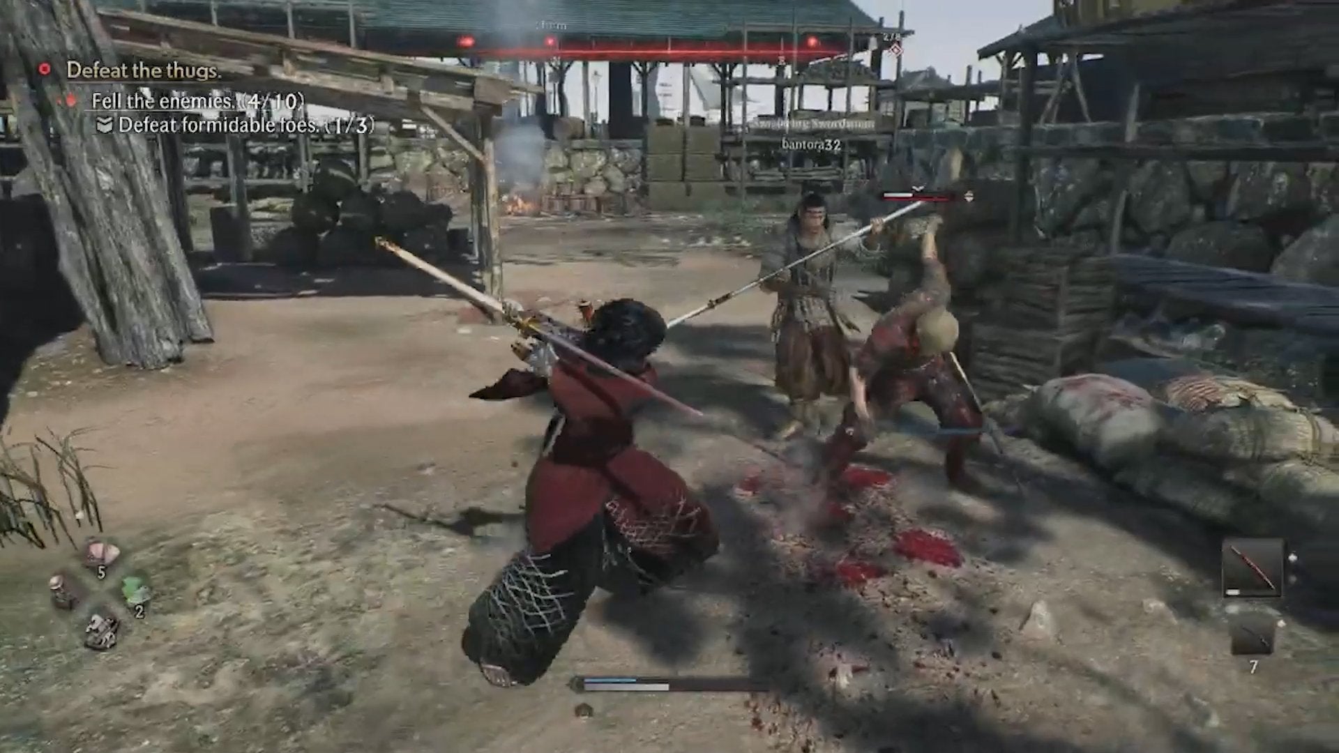 The player fighting enemies in a harbor in Rise of the Ronin.