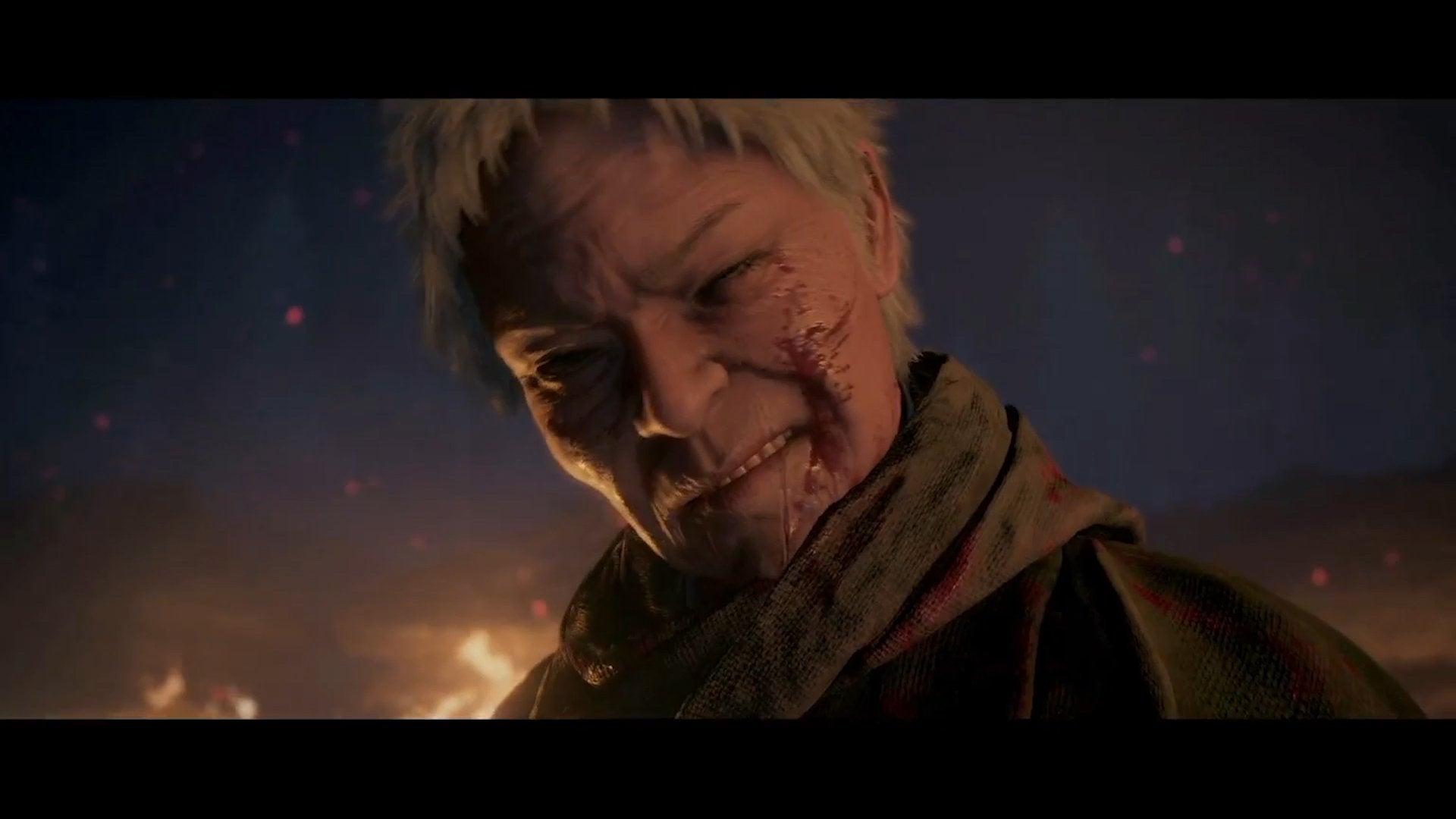 A close-up of the face of the character named The Blacksmith in Rise of the Ronin.