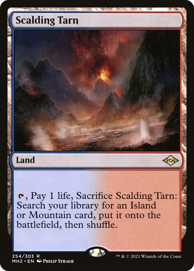 A red and blue Fetch Land depicting a volcano and some geysers in its artwork.