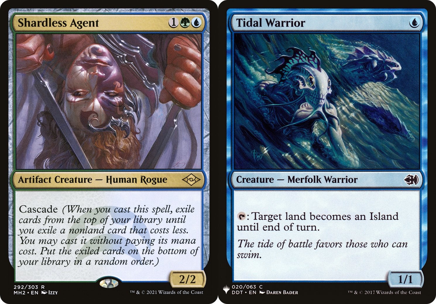 Two cards from MTG: one has the Cascade ability and the other does not but the latter costs less mana than the one with Cascade.