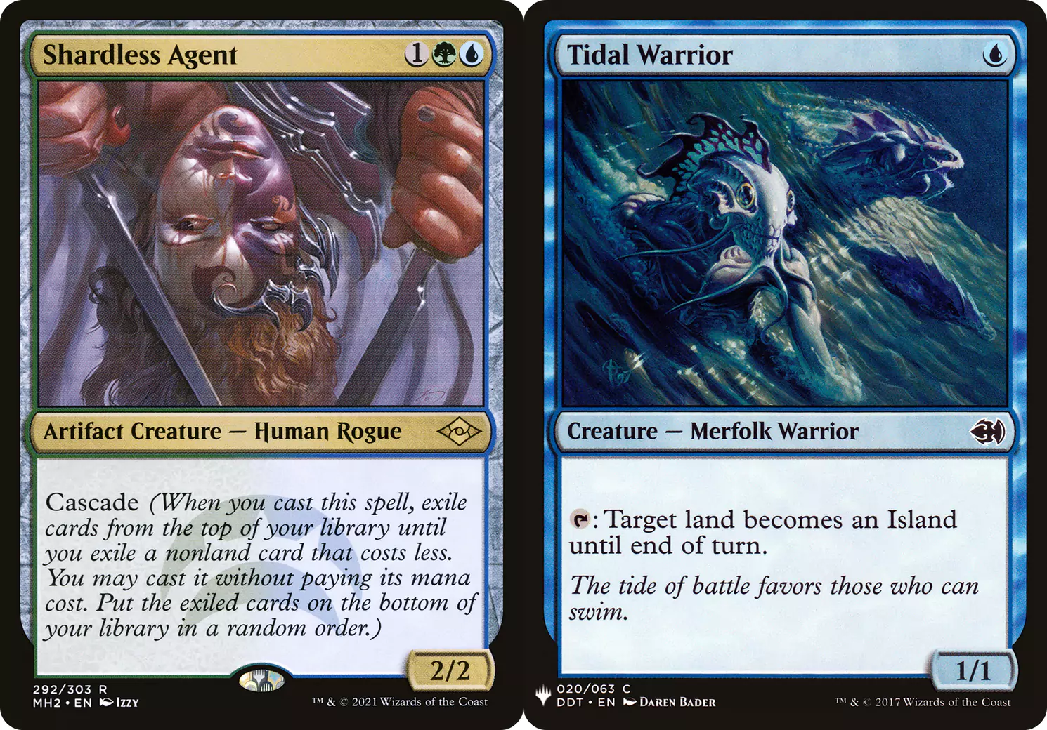 Two cards from MTG: one has the Cascade ability and the other does not but the latter costs less mana than the one with Cascade.