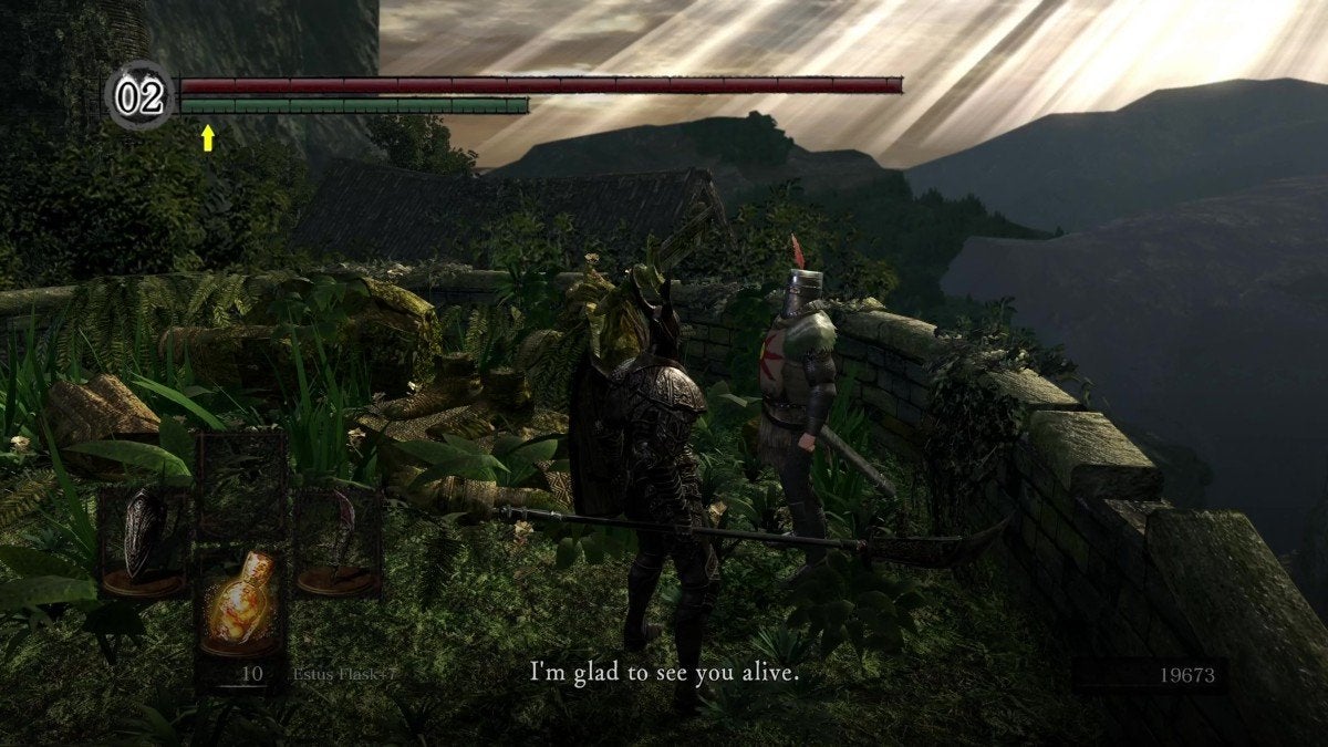 The Chosen Undead speaking with Solaire near the Sunlight Altar in Dark Souls.